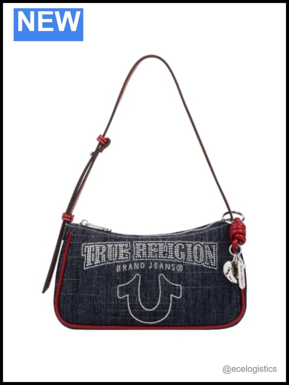 Denim-Blend Shoulder Bag with Rhinestone Logo, Adjustable Strap